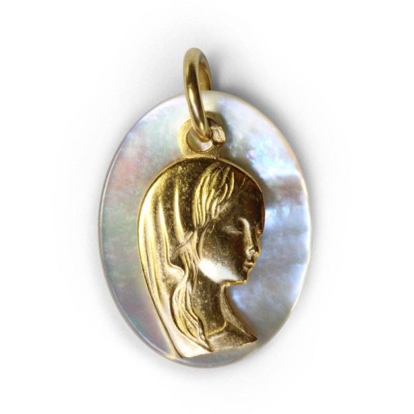 Mother-of-pearl Virgin Mary medal