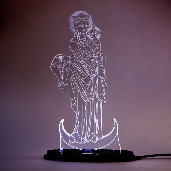 Engraving of the Virgin Mary on illuminated plexiglass